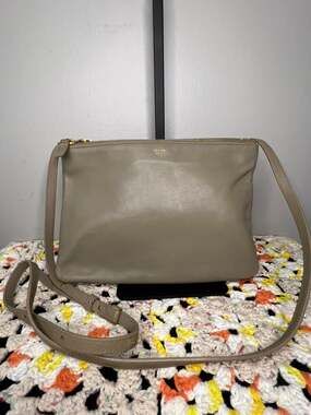 Celine Trio Leather Crossbody Bag Taupe Gray Triple Zip Made in Italy